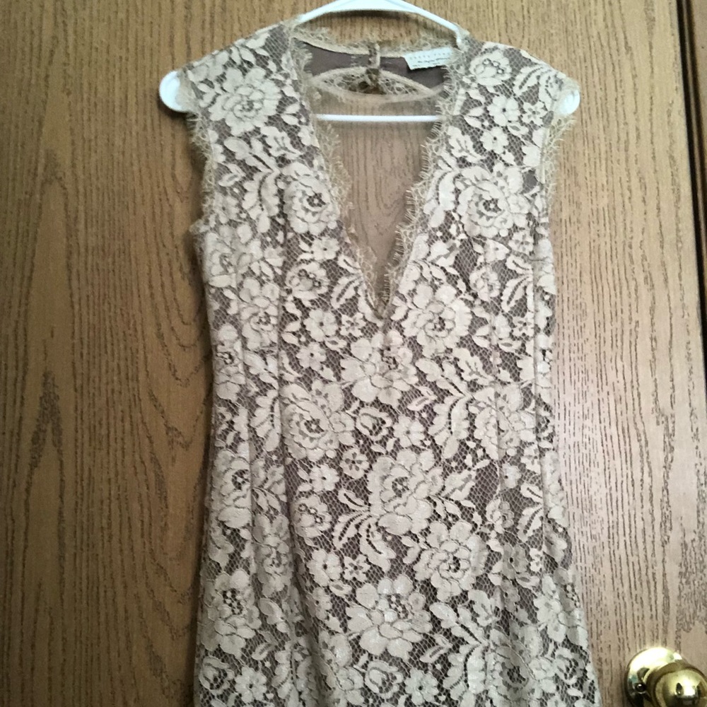 tan laced floral open backed dress
